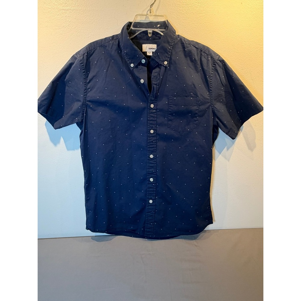 Sonoma Mens Navy Blue Micro Cross Print Short Sleeve Button Down Shirt Medium